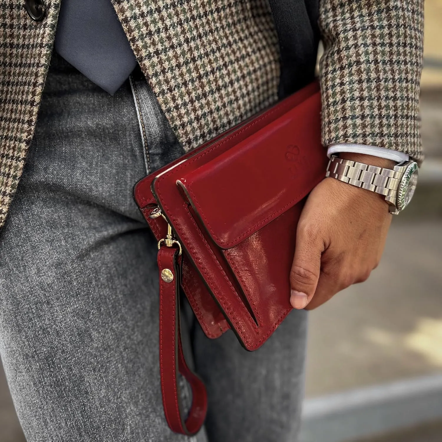 Time Resistance Leather Clutch for Men Organizer Wrist Bag Briefcase Handmade in Italy Gift Box Included