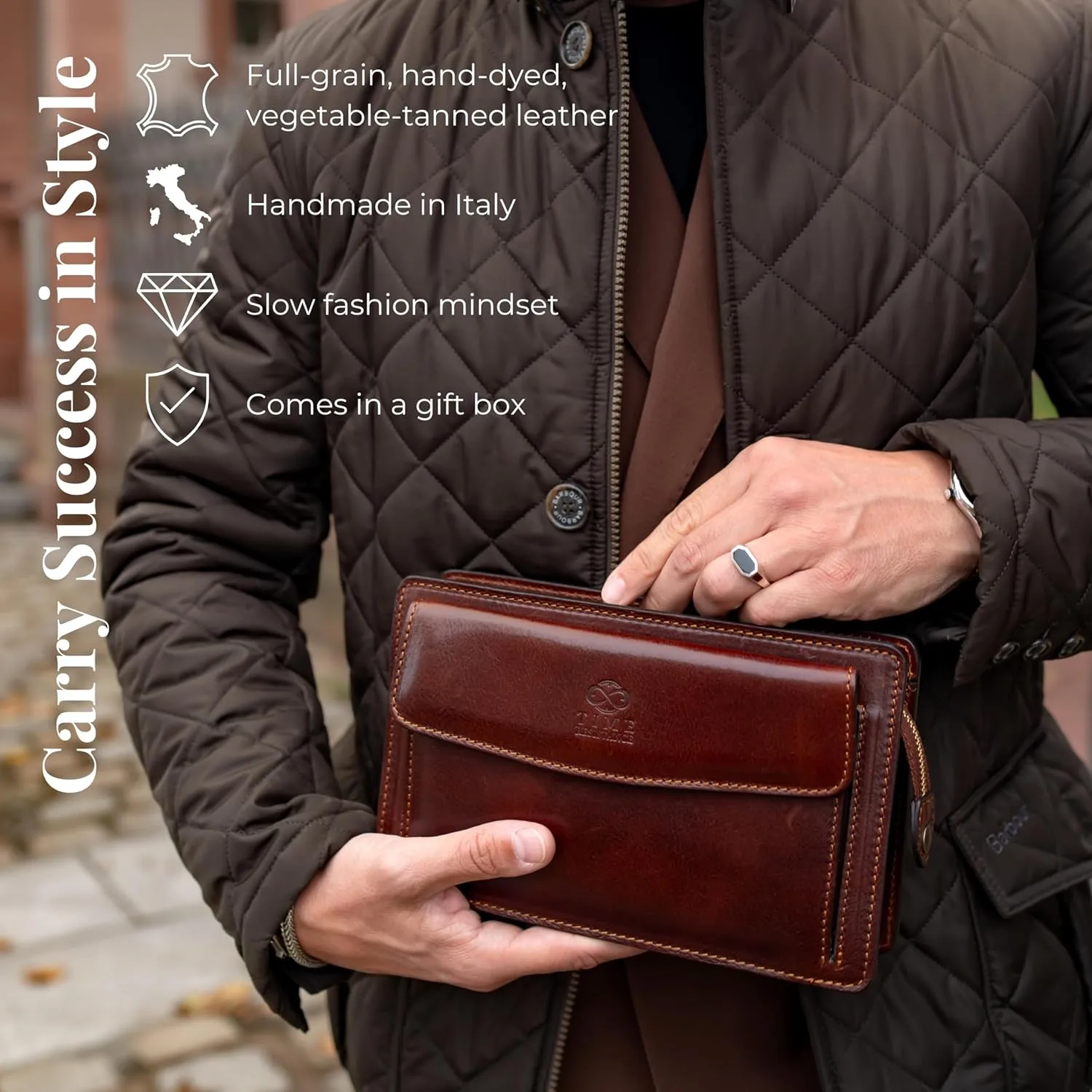 Time Resistance Leather Clutch for Men Organizer Wrist Bag Briefcase Handmade in Italy Gift Box Included