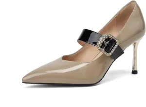 TinaCus Glossy Patent Leather Stileeto High Heels Handmade Crystal Buckle Women's Stylish Pumps Shoes