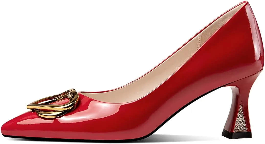 TinaCus Glossy Patent Leather Women's Handmade Spool Heel Pointed Toe Pumps with Metal Heart