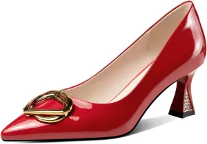 TinaCus Glossy Patent Leather Women's Handmade Spool Heel Pointed Toe Pumps with Metal Heart