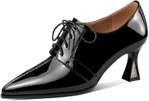 TinaCus Handmade Women's Patent Leather Pointed Toe Front Lace Up Mid Spool Heel Shoes