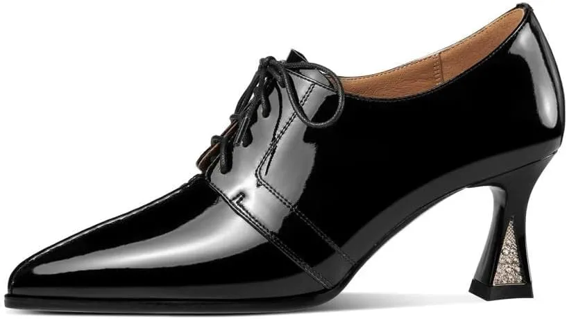 TinaCus Handmade Women's Patent Leather Pointed Toe Front Lace Up Mid Spool Heel Shoes