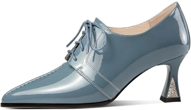 TinaCus Handmade Women's Patent Leather Pointed Toe Front Lace Up Mid Spool Heel Shoes