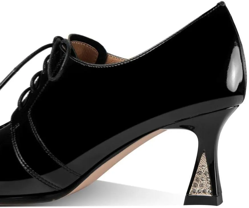TinaCus Handmade Women's Patent Leather Pointed Toe Front Lace Up Mid Spool Heel Shoes