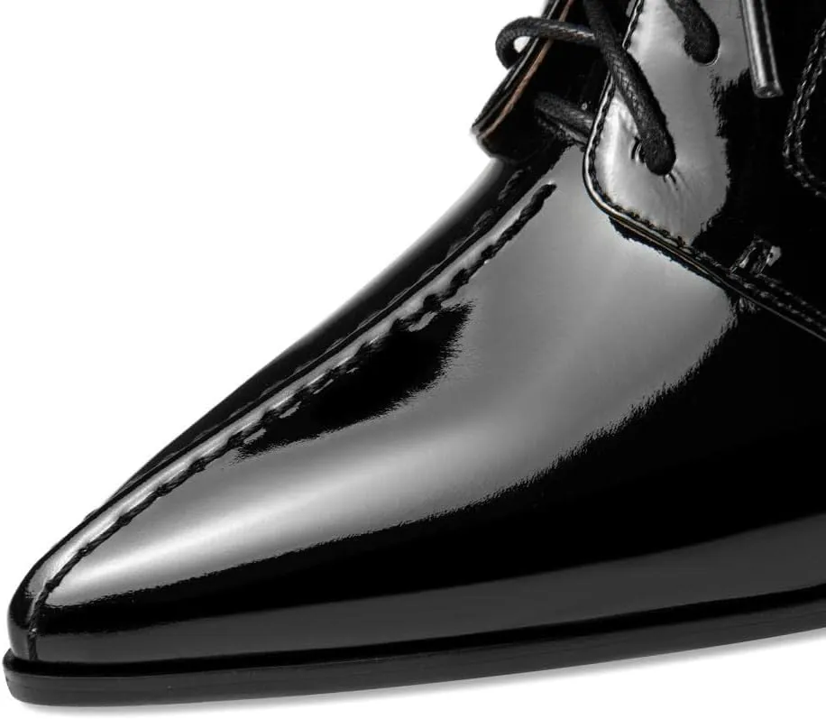 TinaCus Handmade Women's Patent Leather Pointed Toe Front Lace Up Mid Spool Heel Shoes