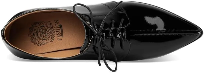 TinaCus Handmade Women's Patent Leather Pointed Toe Front Lace Up Mid Spool Heel Shoes