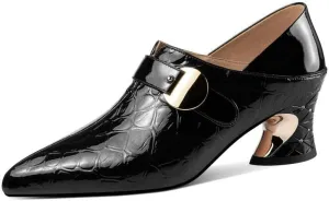 TinaCus Handmade Women's Patent Leather Stone Pattern Buckle Décor Pointed Toe Side Zip Up Mid Chunky Heel Shoes