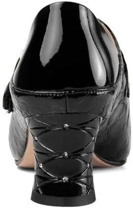TinaCus Handmade Women's Patent Leather Stone Pattern Buckle Décor Pointed Toe Side Zip Up Mid Chunky Heel Shoes