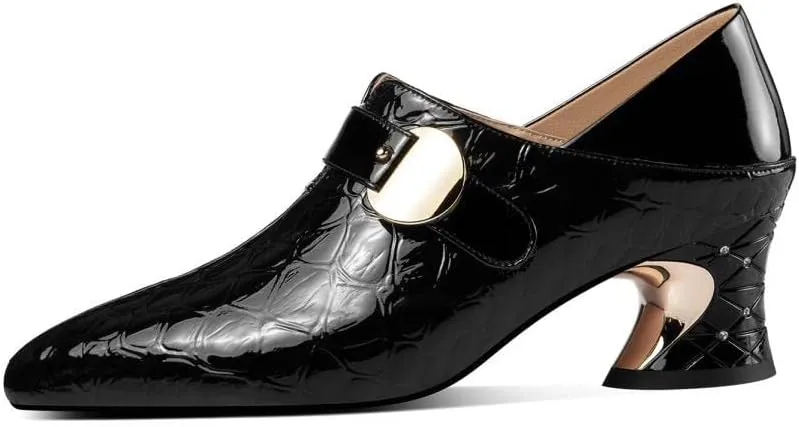 TinaCus Handmade Women's Patent Leather Stone Pattern Buckle Décor Pointed Toe Side Zip Up Mid Chunky Heel Shoes