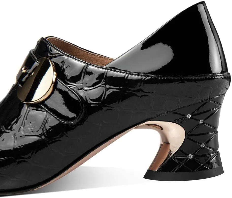 TinaCus Handmade Women's Patent Leather Stone Pattern Buckle Décor Pointed Toe Side Zip Up Mid Chunky Heel Shoes