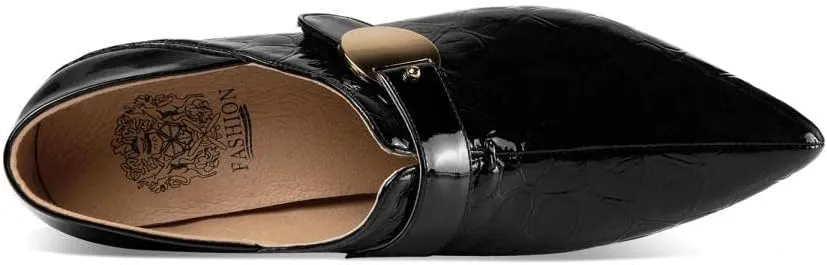 TinaCus Handmade Women's Patent Leather Stone Pattern Buckle Décor Pointed Toe Side Zip Up Mid Chunky Heel Shoes