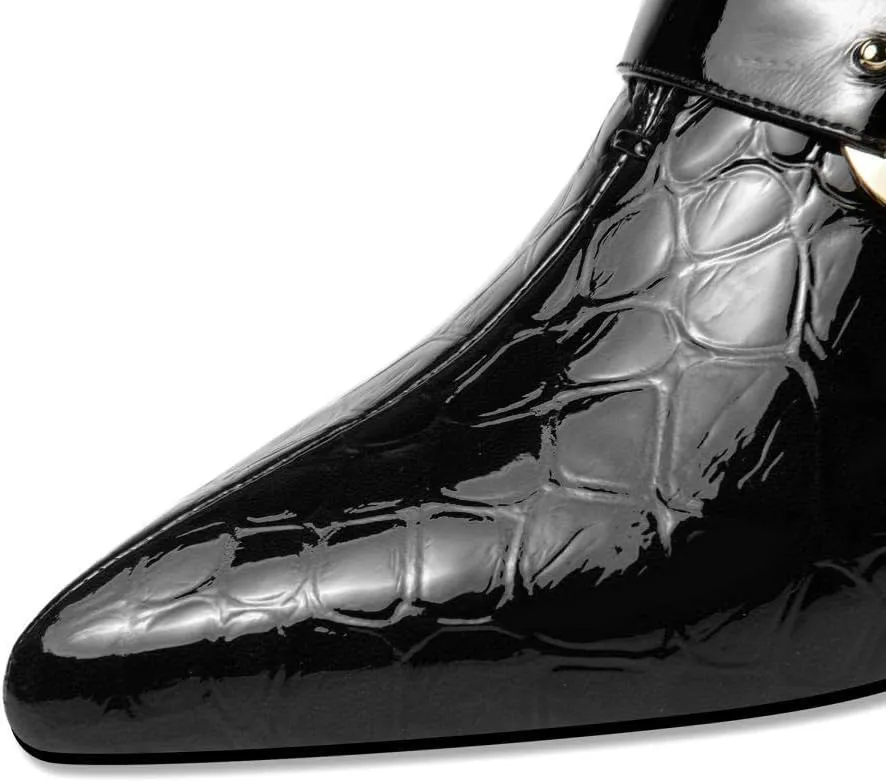 TinaCus Handmade Women's Patent Leather Stone Pattern Buckle Décor Pointed Toe Side Zip Up Mid Chunky Heel Shoes
