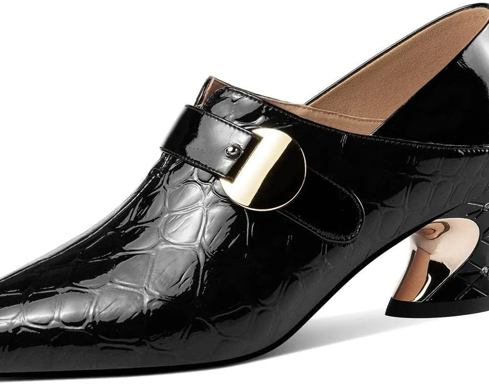 TinaCus Handmade Women's Patent Leather Stone Pattern Buckle Décor Pointed Toe Side Zip Up Mid Chunky Heel Shoes