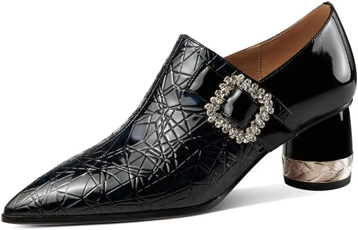 TinaCus Pointed Toe Patent Leather Handmade Zipper with Buckle Mid Cone Heels Women's Pumps Shoes