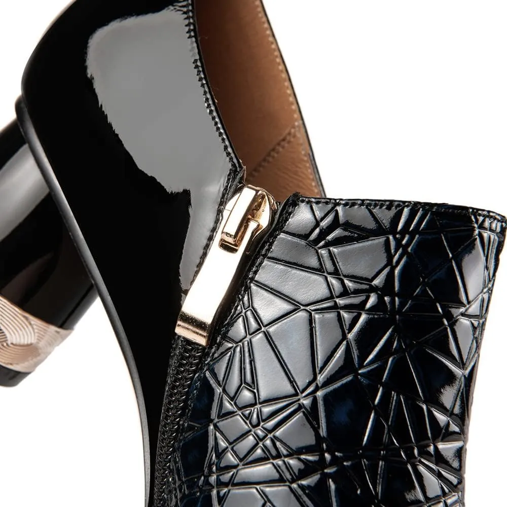 TinaCus Pointed Toe Patent Leather Handmade Zipper with Buckle Mid Cone Heels Women's Pumps Shoes