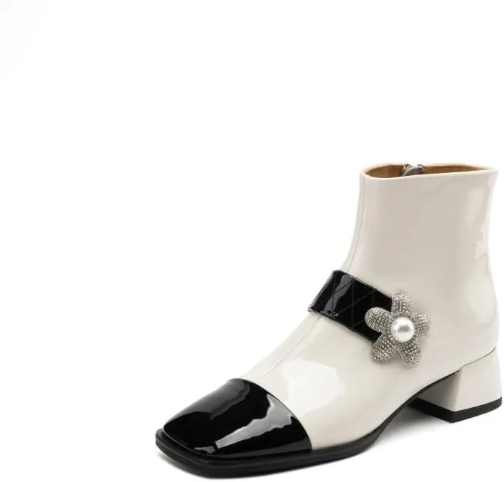 TinaCus Women's Handmade Patent Leather Cap-Toe Two-Tone Rhinestone Flower Ankle Boots