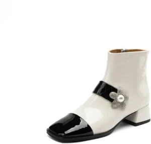 TinaCus Women's Handmade Patent Leather Cap-Toe Two-Tone Rhinestone Flower Ankle Boots