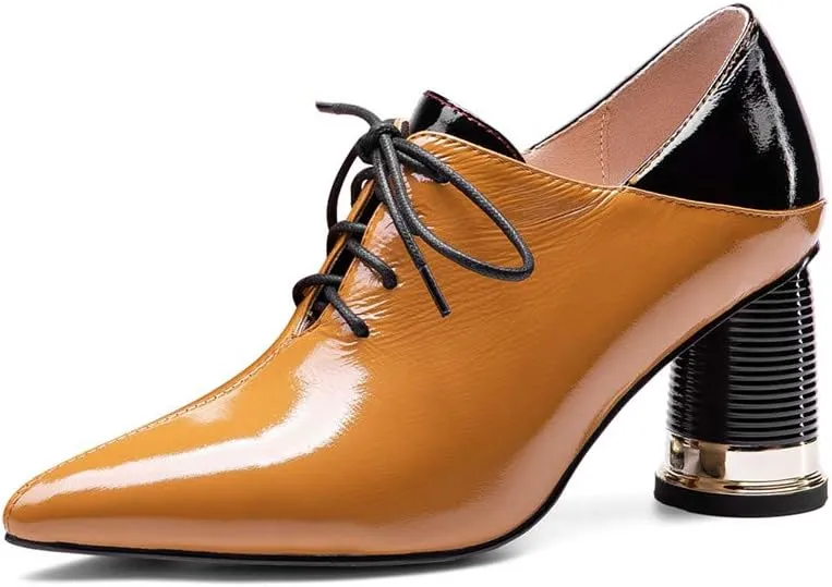 TinaCus Women's Patent Leather Pointed Toe Handmade Selftie Mid Chunky Heel Casual Pumps Shoes