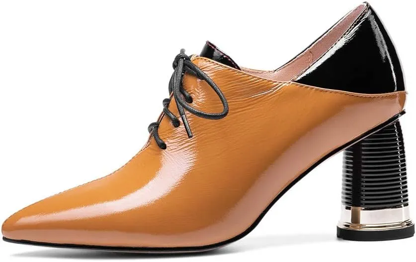 TinaCus Women's Patent Leather Pointed Toe Handmade Selftie Mid Chunky Heel Casual Pumps Shoes
