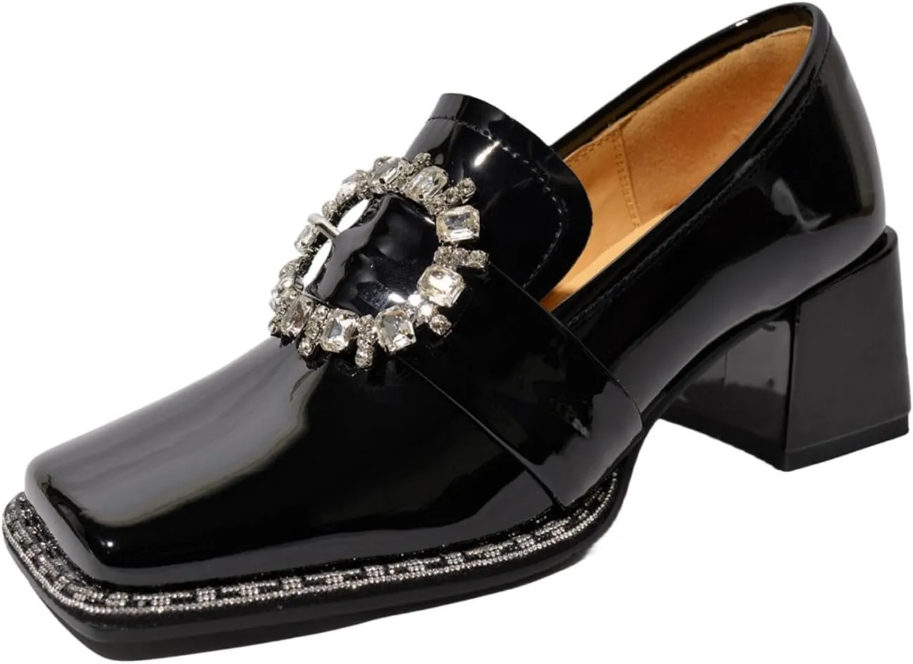 TinaCus Women's Patent Leather Square Toe Rhinestones Buckle Block Heel Handmade Pumps Shoes