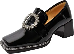 TinaCus Women's Patent Leather Square Toe Rhinestones Buckle Block Heel Handmade Pumps Shoes