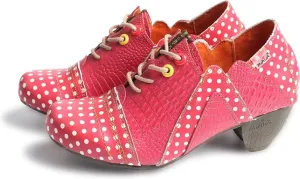 TMA EYES Women Classic Leather Ankle Boots Low Heel Lace Up Booties with Polka Dot
