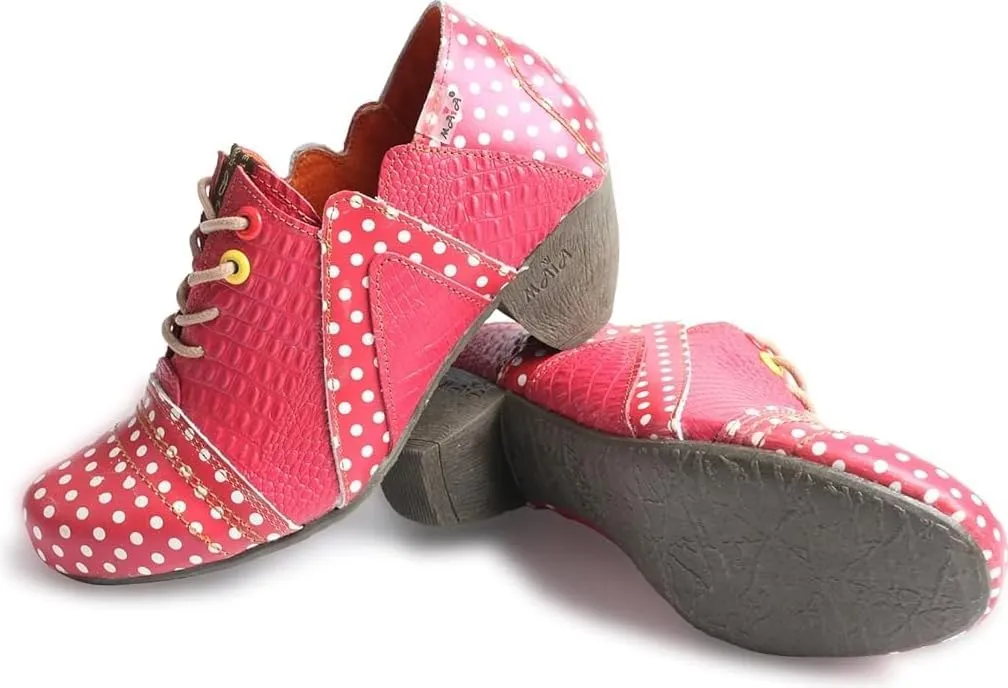 TMA EYES Women Classic Leather Ankle Boots Low Heel Lace Up Booties with Polka Dot