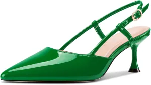 TNYNFBEB Womens Close Pointed Toe Mid Kitten Heel Pumps Shoes Slip-on Slingback Buckle Prom Party Dress Basic Classic Patent Leather 2.6 Inches Heels