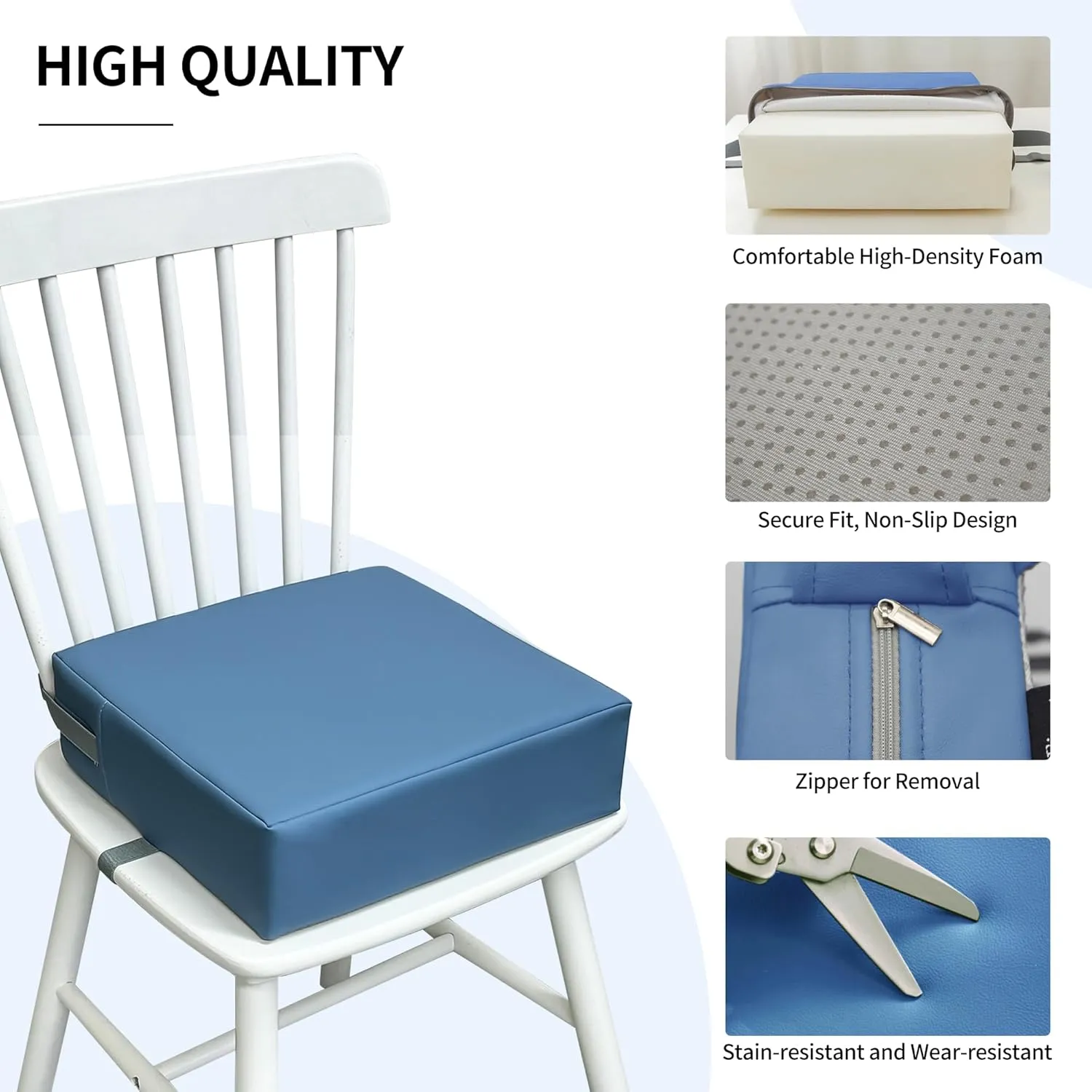 Toddler Booster Seat for Dining Table, 2 Elastic Seat Belts, Anti Scratch PU Skin-Friendly, Waterproof, Anti-Wrinkle, Detachable Non-Slip Bottom - Blue