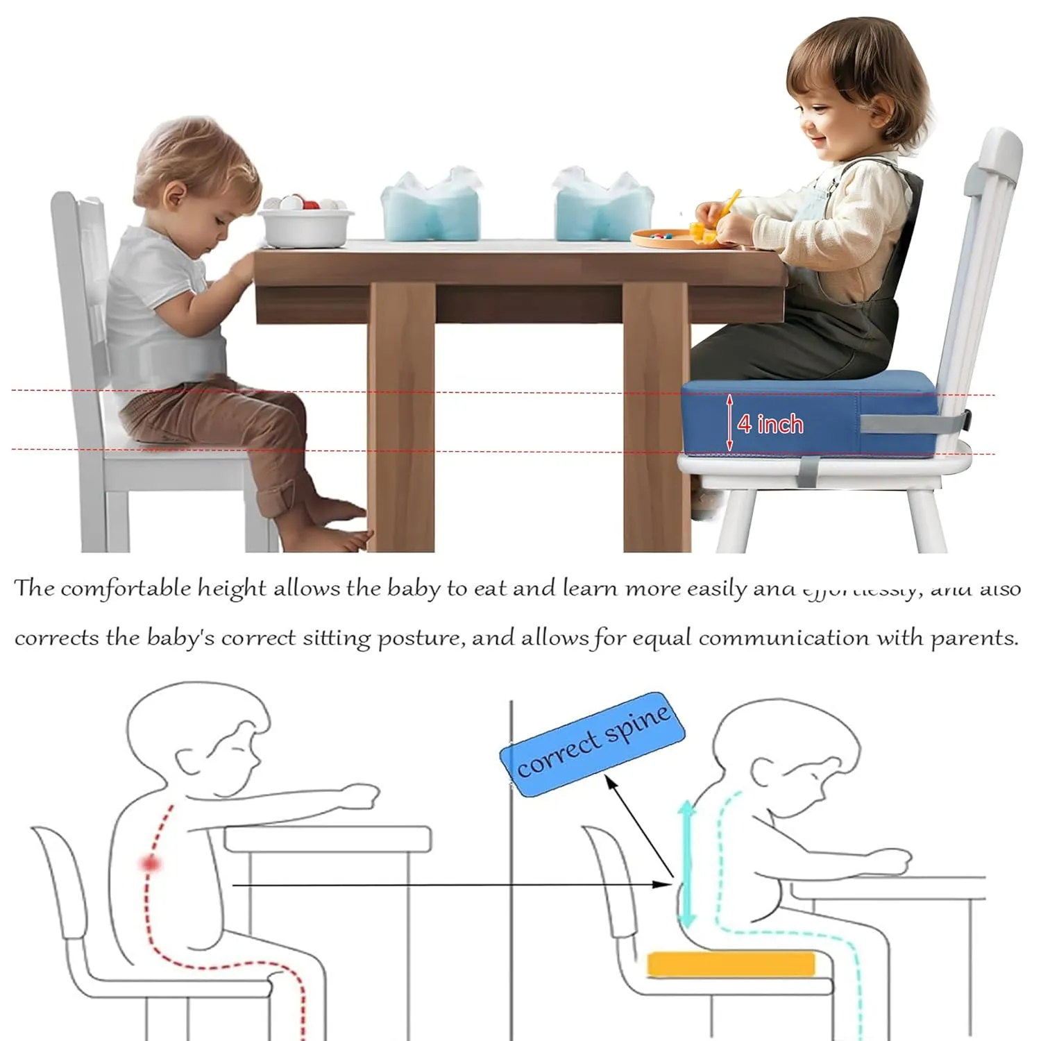 Toddler Booster Seat for Dining Table, 2 Elastic Seat Belts, Anti Scratch PU Skin-Friendly, Waterproof, Anti-Wrinkle, Detachable Non-Slip Bottom - Blue