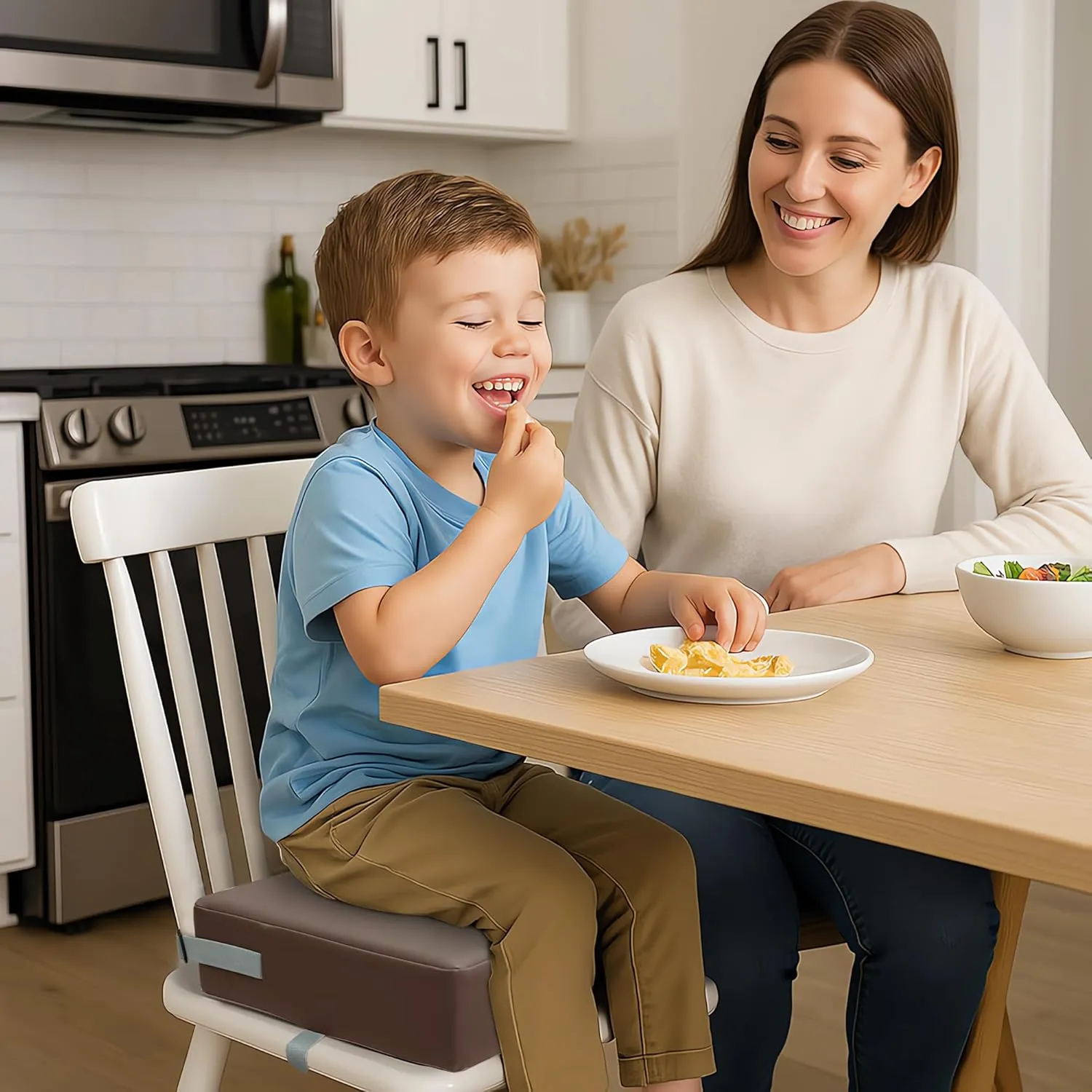 Toddler Booster Seat for Dining Table, Two Elastic Seat Belts, Anti-Scratch PU Skin-Friendly, Waterproof, Anti-Wrinkle, Detachable Non-Slip Bottom - Dark Brown
