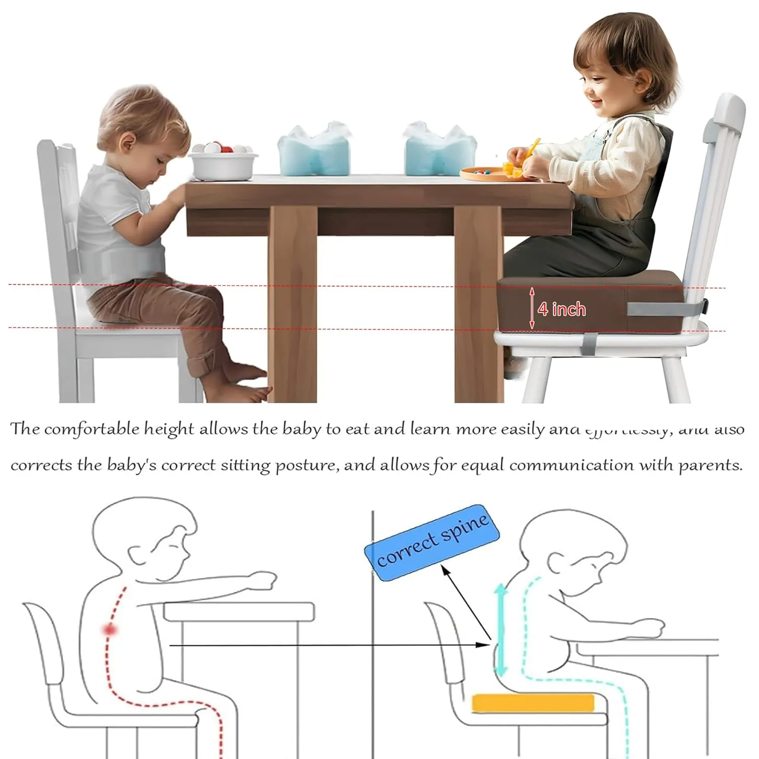 Toddler Booster Seat for Dining Table, Two Elastic Seat Belts, Anti-Scratch PU Skin-Friendly, Waterproof, Anti-Wrinkle, Detachable Non-Slip Bottom - Dark Brown