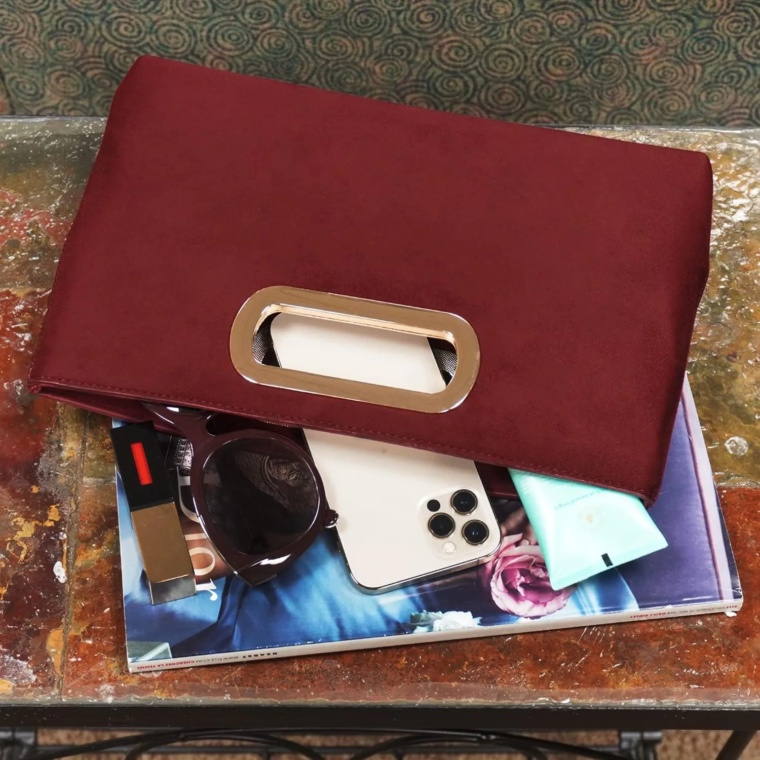 Top Handle Faux Suede Clutch