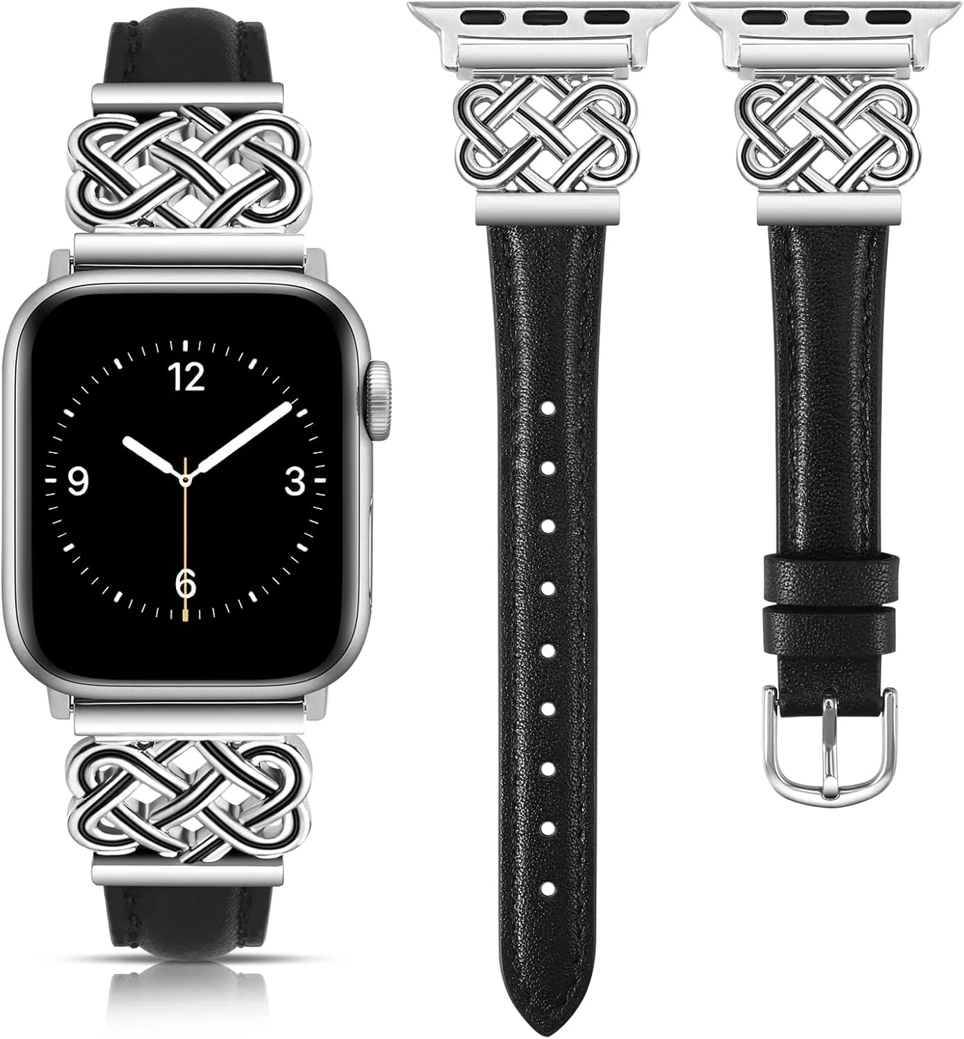 TOYOUTHS Leather Band Compatible with Apple Watch Bands Women 38/40/41/42mm Dressy Slim Leather Strap with Designer Interlock Buckle Bracelet for iWatch Series 10/9/SE/8/7/6/5/4/3/2/1, Black Silver