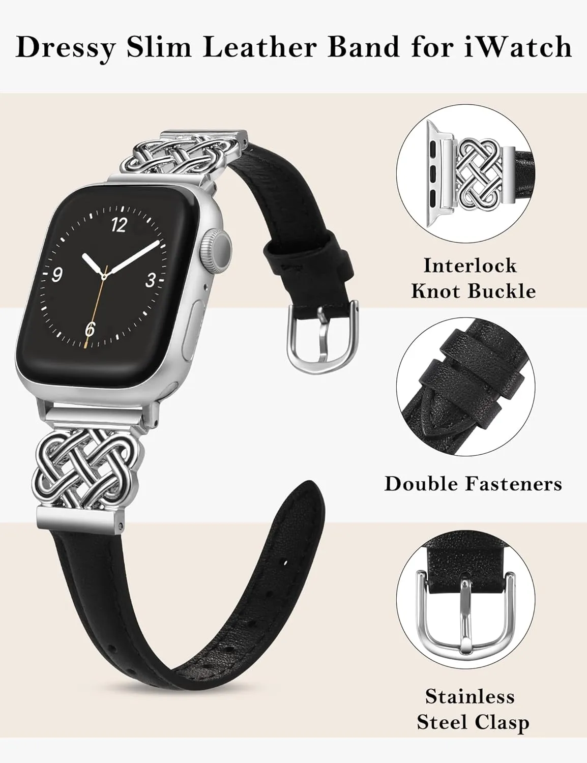TOYOUTHS Leather Band Compatible with Apple Watch Bands Women 38/40/41/42mm Dressy Slim Leather Strap with Designer Interlock Buckle Bracelet for iWatch Series 10/9/SE/8/7/6/5/4/3/2/1, Black Silver
