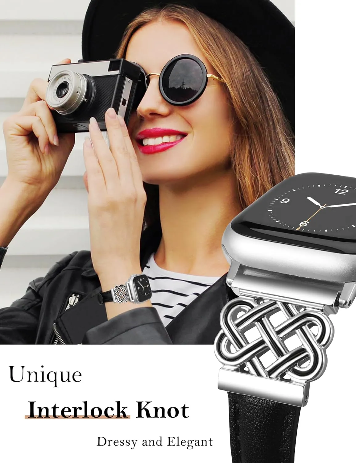TOYOUTHS Leather Band Compatible with Apple Watch Bands Women 38/40/41/42mm Dressy Slim Leather Strap with Designer Interlock Buckle Bracelet for iWatch Series 10/9/SE/8/7/6/5/4/3/2/1, Black Silver