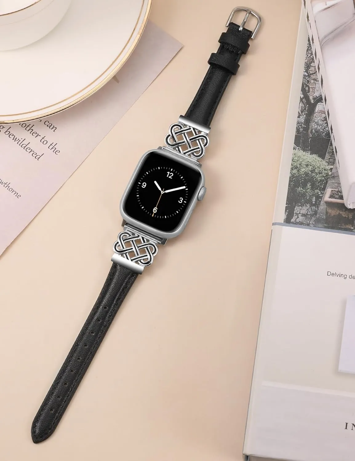 TOYOUTHS Leather Band Compatible with Apple Watch Bands Women 38/40/41/42mm Dressy Slim Leather Strap with Designer Interlock Buckle Bracelet for iWatch Series 10/9/SE/8/7/6/5/4/3/2/1, Black Silver