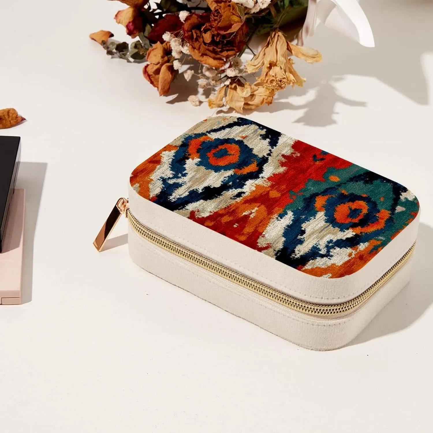 Travel Jewelry Box for Women Girls, Ethnic Tribal Boho Colors Abstract Background Jewelry Organizer Case for Necklace, Stud Earrings, Ring, Bracelets Storage Boxes