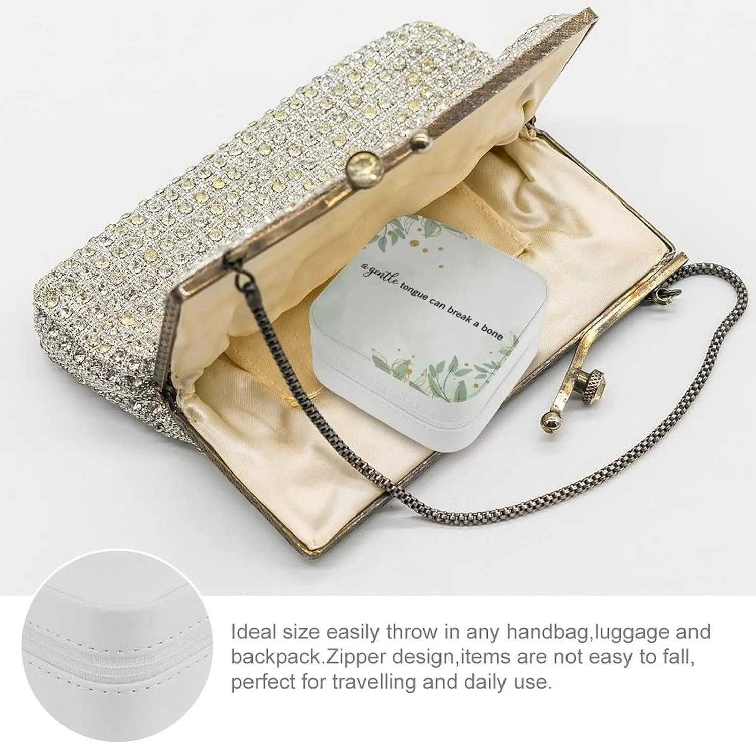 Travel Jewelry Box, Women Leather Small Jewelry Organizer Portable Jewelry Case for Necklace Earrings Rings, A Gentle Tongue Can Break A Bone