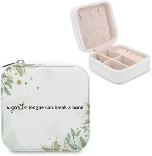 Travel Jewelry Box, Women Leather Small Jewelry Organizer Portable Jewelry Case for Necklace Earrings Rings, A Gentle Tongue Can Break A Bone