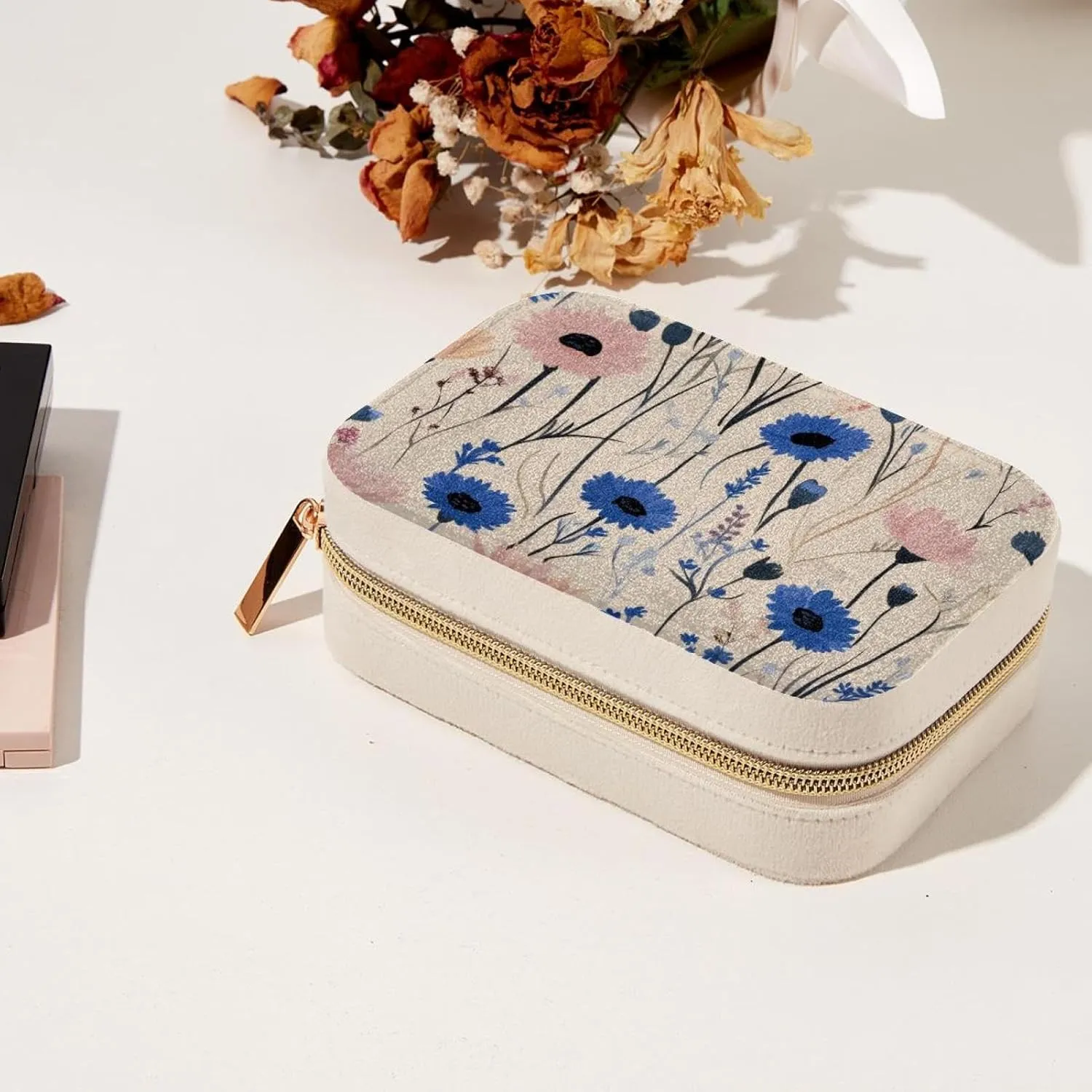 Travel Jewelry Case for Women Girls, 2 Layer Jewelry Organizer Portable Jewelry Storage Display Holder for Necklace Stud Earrings Ring - Natural Cornflowers Field Flowers