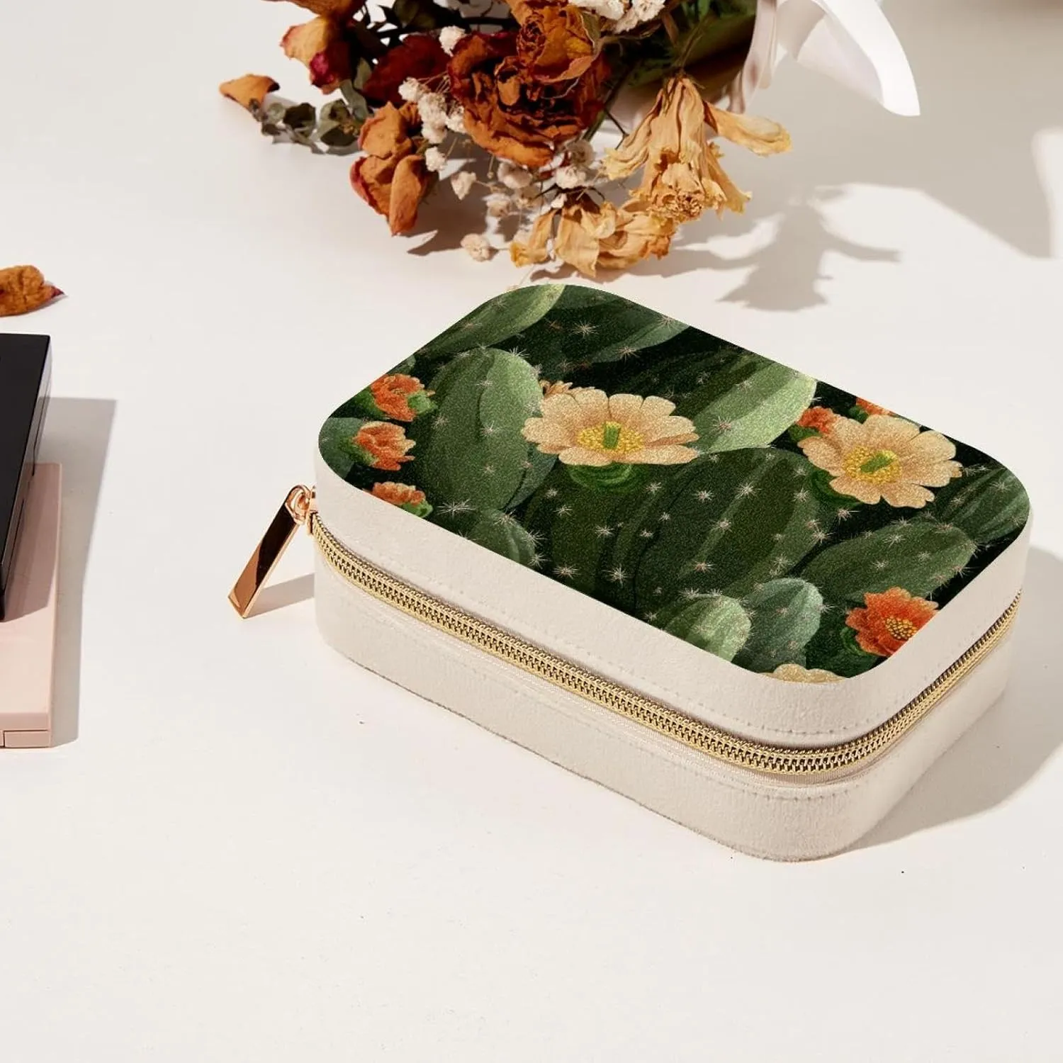 Travel Jewelry Case for Women Girls, Jewelry Organizer Portable Jewelry Storage Display Holder for Necklace Stud Earrings Ring - Desert Cactus Succulents Flowers Pattern