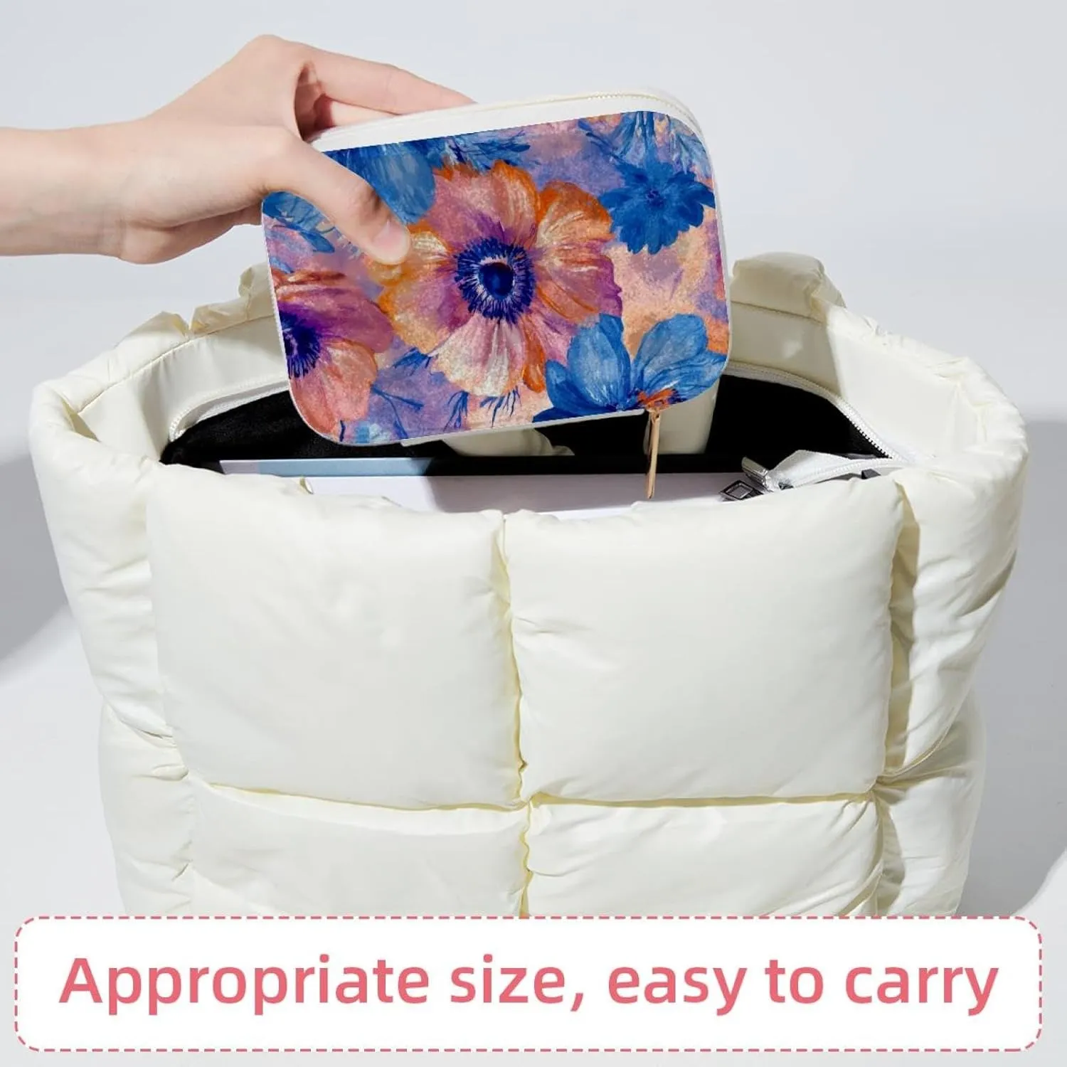 Travel Jewelry Case for Women Girls, Jewelry Organizer Portable Jewelry Storage Display Holder for Necklace Stud Earrings Ring - Pink Blue and Orange Flowers Seamless Pattern