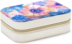 Travel Jewelry Case for Women Girls, Jewelry Organizer Portable Jewelry Storage Display Holder for Necklace Stud Earrings Ring - Pink Blue and Orange Flowers Seamless Pattern
