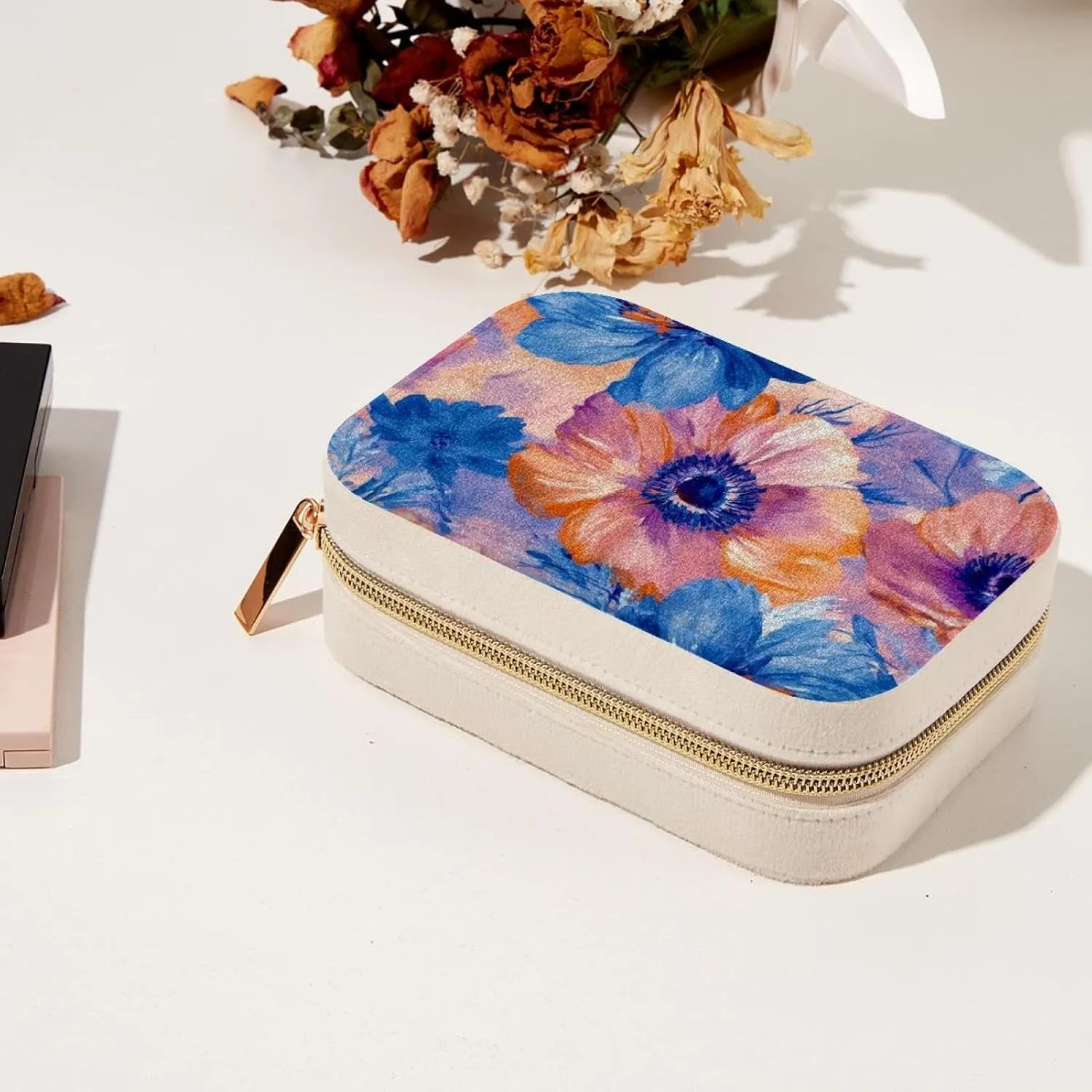 Travel Jewelry Case for Women Girls, Jewelry Organizer Portable Jewelry Storage Display Holder for Necklace Stud Earrings Ring - Pink Blue and Orange Flowers Seamless Pattern