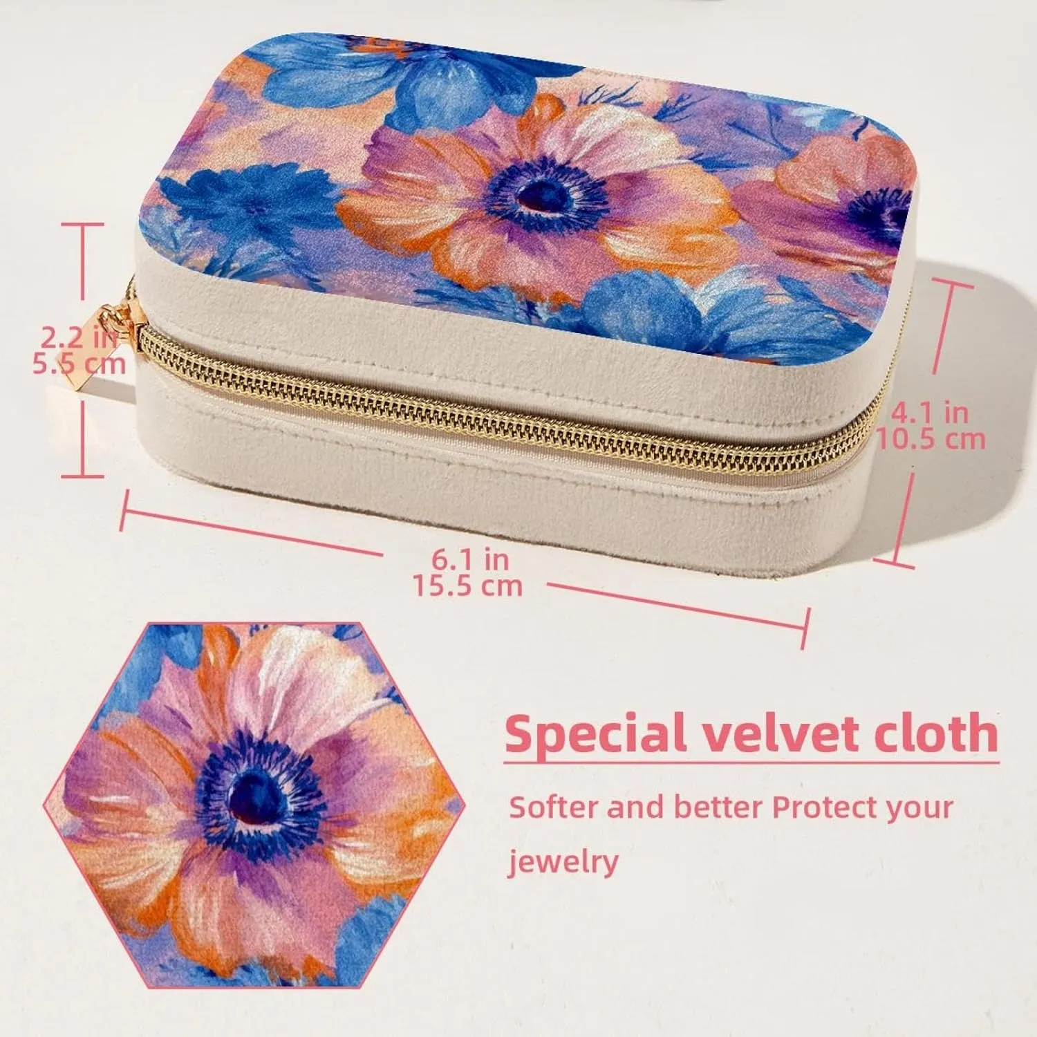 Travel Jewelry Case for Women Girls, Jewelry Organizer Portable Jewelry Storage Display Holder for Necklace Stud Earrings Ring - Pink Blue and Orange Flowers Seamless Pattern