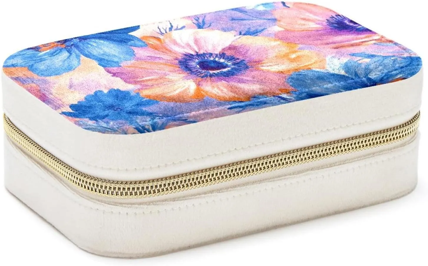 Travel Jewelry Case for Women Girls, Jewelry Organizer Portable Jewelry Storage Display Holder for Necklace Stud Earrings Ring - Pink Blue and Orange Flowers Seamless Pattern
