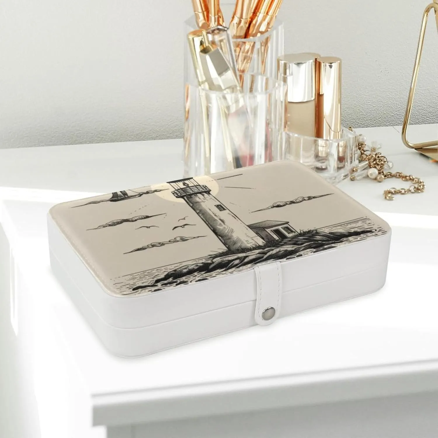 Travel Jewelry Case for Women Girls, Jewelry Organizer Portable Jewelry Storage Display Holder for Necklace Stud Earrings Ring - Retro Ocean Lighthouse