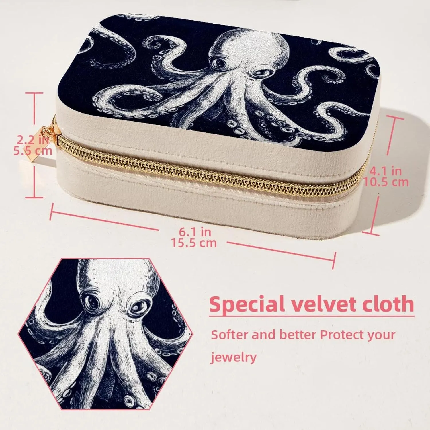 Travel Jewelry Case for Women Girls, Jewelry Organizer Portable Jewelry Storage Display Holder for Necklace Stud Earrings Ring - White Octopus Pattern